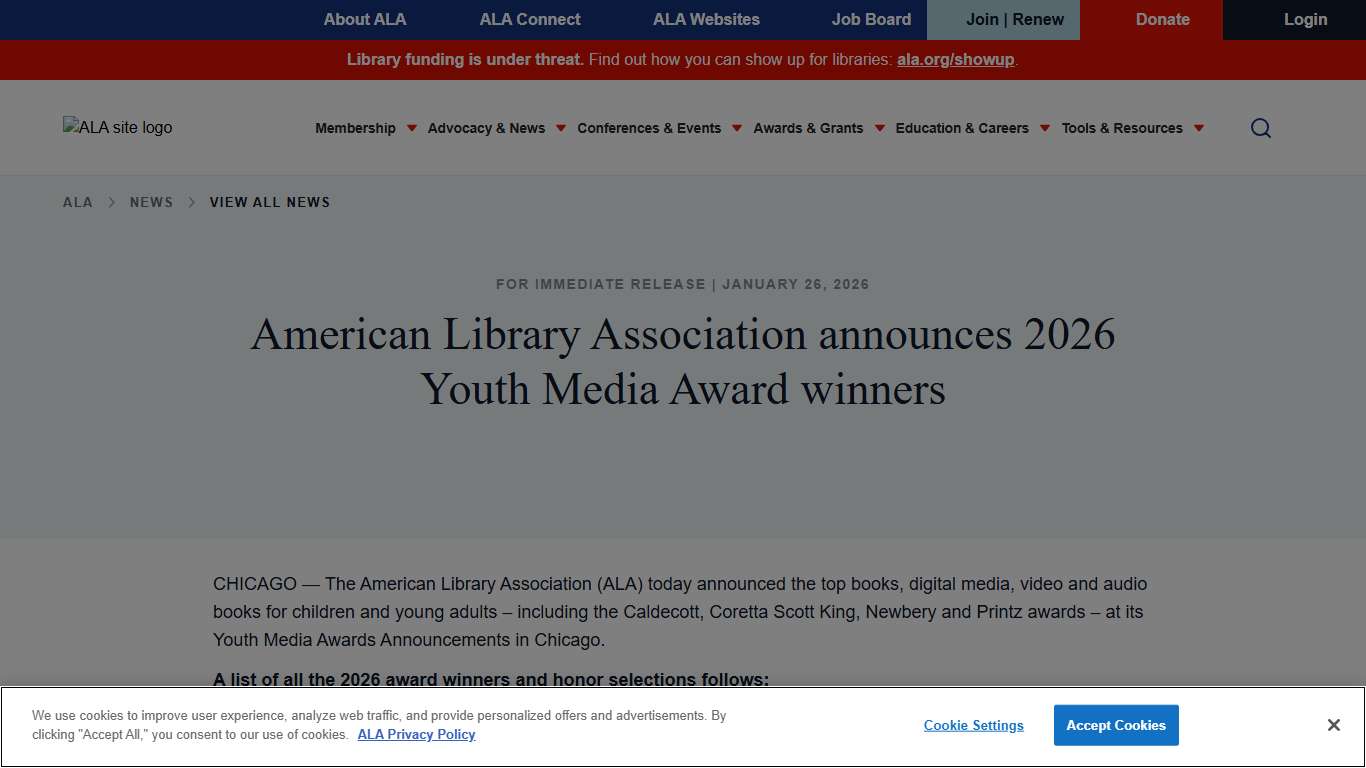 American Library Association announces 2026 Youth Media Award winners ALA