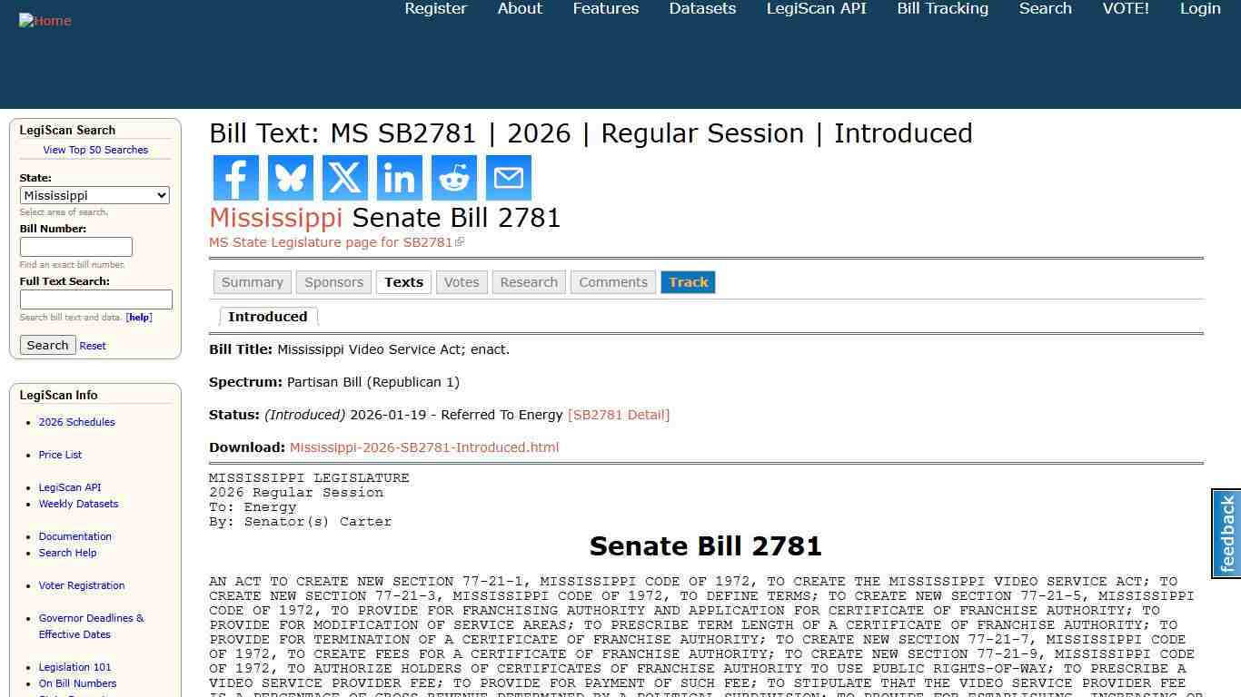 Bill Text: MS SB2781 2026 Regular Session Introduced LegiScan